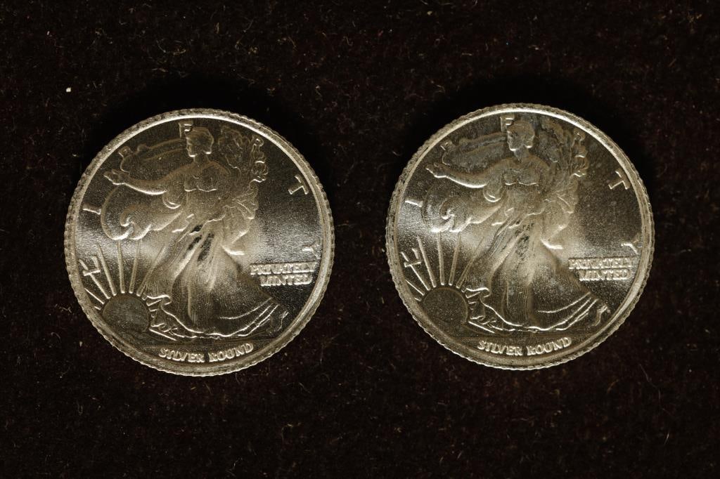 2-1/10 .999 FINE SILVER UNC ROUNDS: WALKING LIB.: DESIGN
