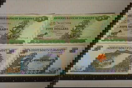 4 ZIMBABWE COLORIZED BILLS: 2-1983 $5 AND 2-1997-