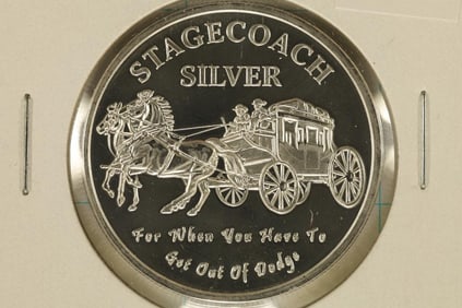 1 TROY OZ .999 FINE SILVER PROOF STAGECOACH ROUND