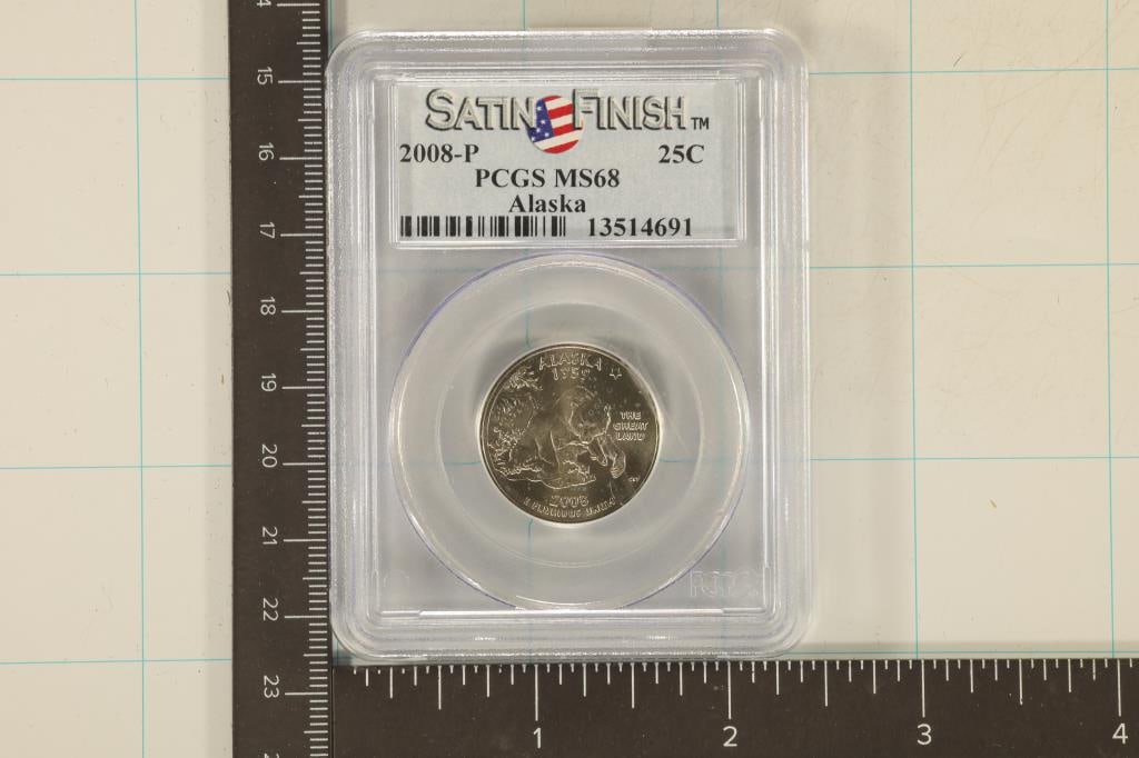 2008-P ALASKA QUARTER PCGS MS68 SATIN FINISH: WATCH FOR OUR NEXT AUCTION ON (MONDAY AUGUST 5TH, 2024) AT 7PM EASTERN TIME. THANKS FOR YOUR BUSINESS.