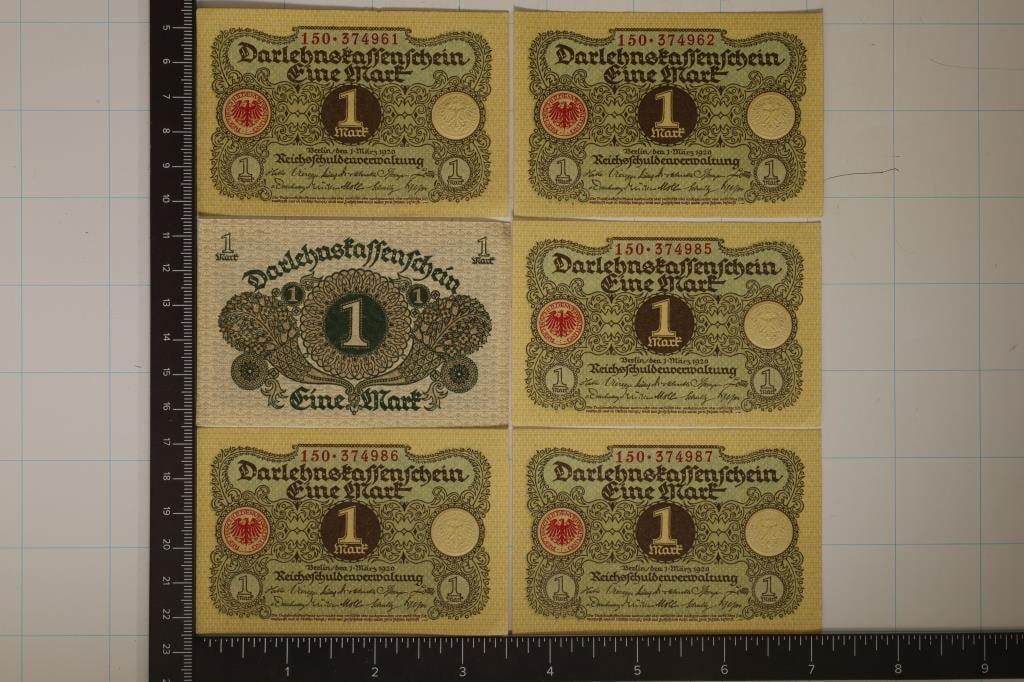 6-1920 GERMAN 1 MARK CRISP UNC BILLS: SET OF 2 AND (1 of 2)