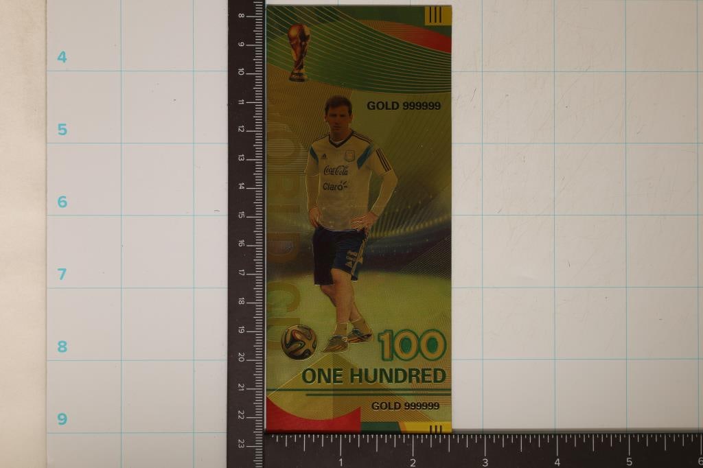 WORLD CUP GOLD 999999 FOIL BILL CRISP UNC $100: COLORIZED WITH SOCCER PLAYER ON THE OBVERSE AND THE WORLD CUP ON THE REVERSE