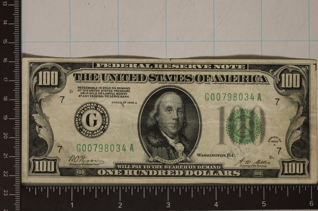 1928-A US $100 REDEEMABLE IN GOLD FRN GREEN SEAL: BILL THIS BILL IS CRISP EXTRA FINE+ CONDITION, MINOR STAIN ON THE REVERSE