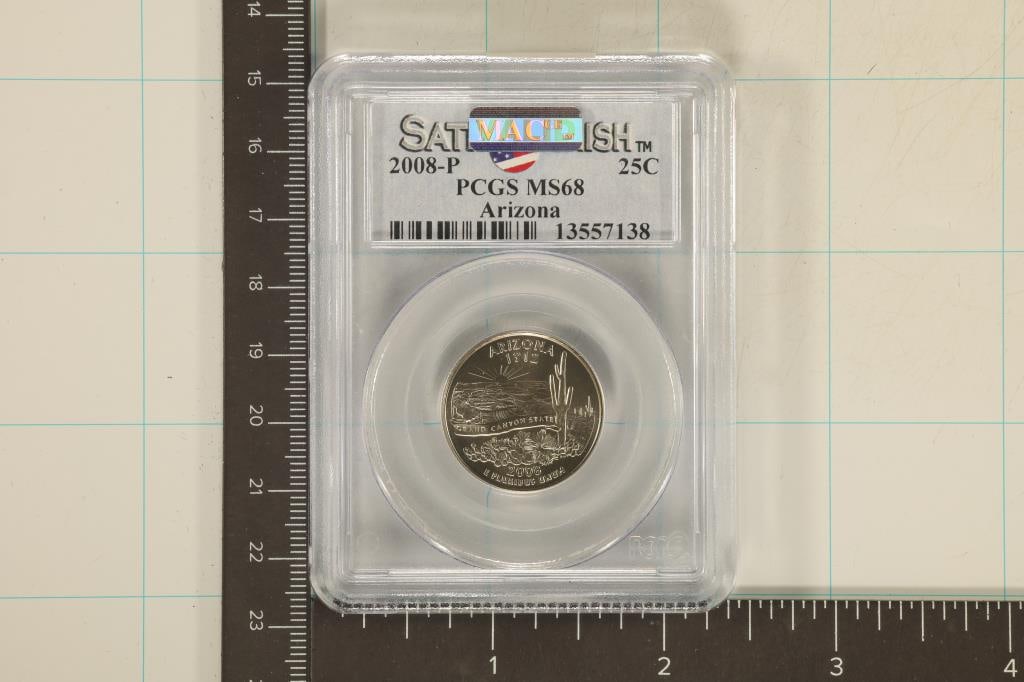 2008-P ARIZONA QUARTER PCGS MS68 SATIN FINISH: WITH A MAC STICKER