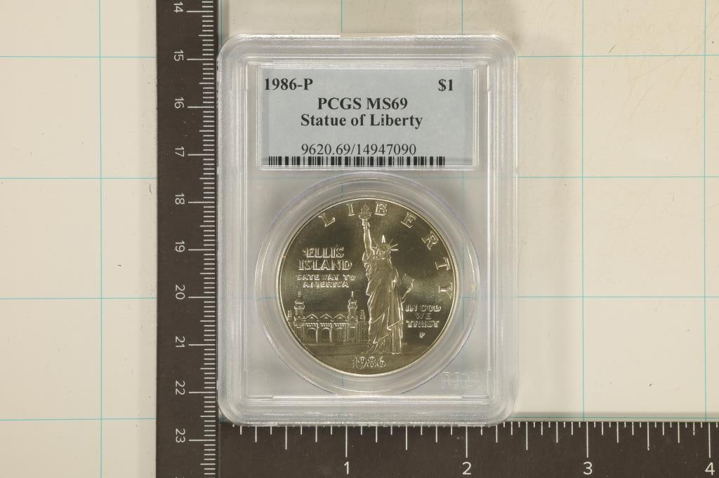 1986-P US SILVER DOLLAR STATUE OF LIBERTY PCGS: MS69
