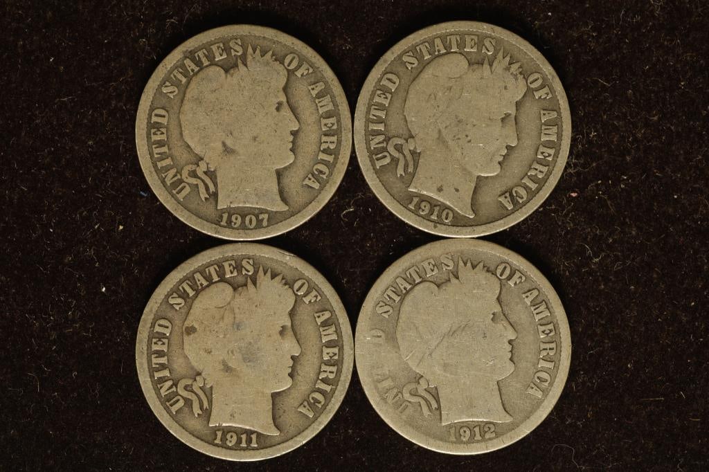 1907, 1910, 1911 & 1912-D SILVER BARBER DIMES (1 of 2)