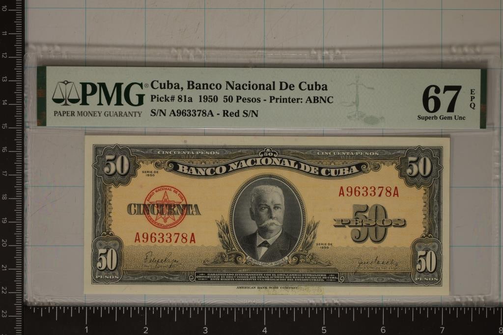 1950 CUBA 50 PESOS PMG 67 SUPERB GEM UNC: EXCEPTIONAL PAPER QUALITY