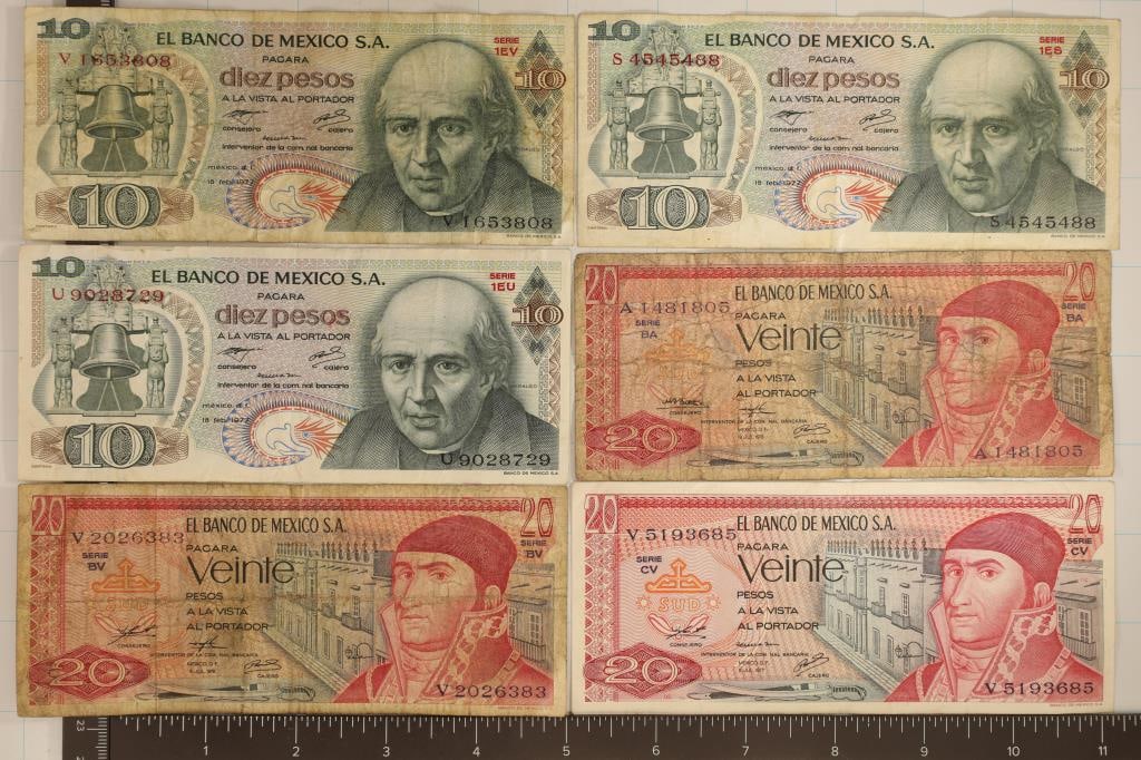 6 MEXICO BILLS: 3-1977 TEN PESO & 1973 TWENTY: PESO, 1976 TWENTY PESO AND 1977 TWENTY PESO