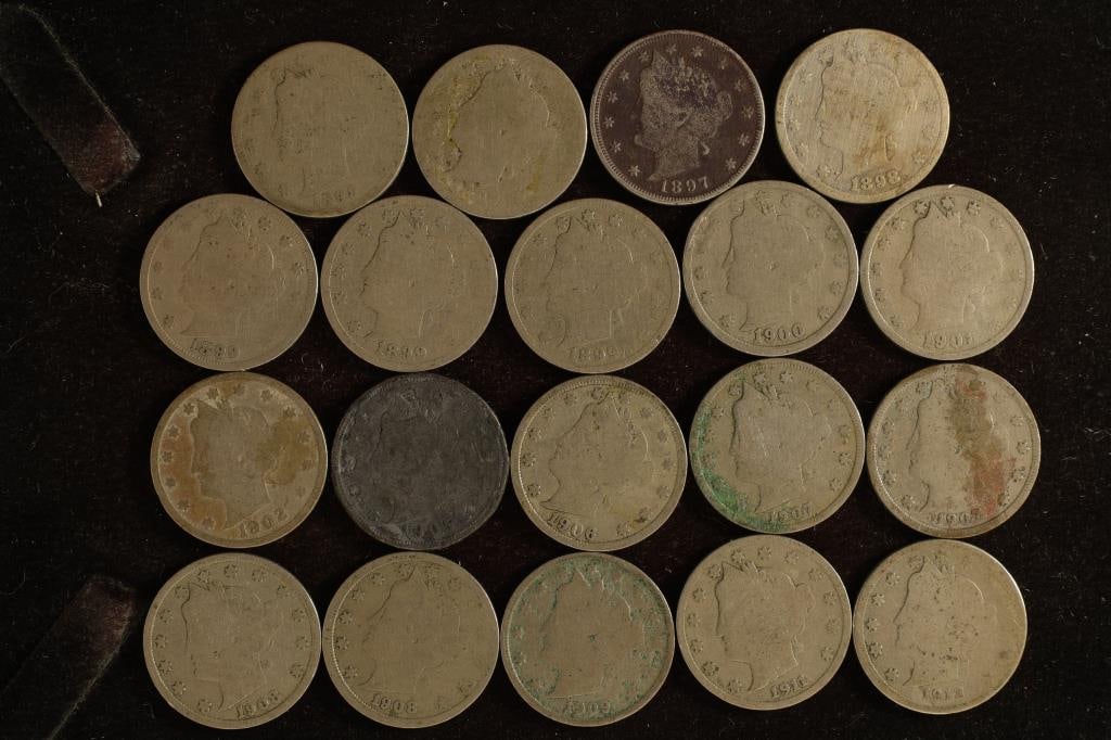 19 ASSORTED LIBERTY "V" NICKELS: 1890-1912 (1 of 2)