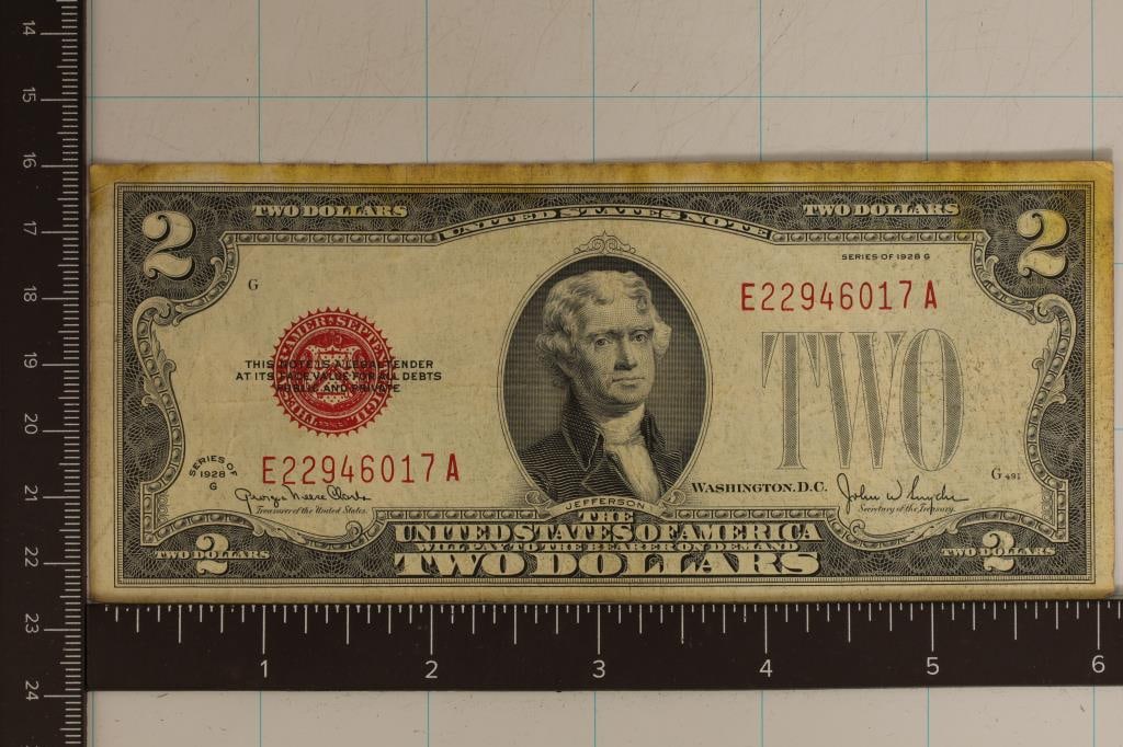 1928-G US $2 RED SEAL NOTE TOP EDGE IS STAINED (1 of 2)
