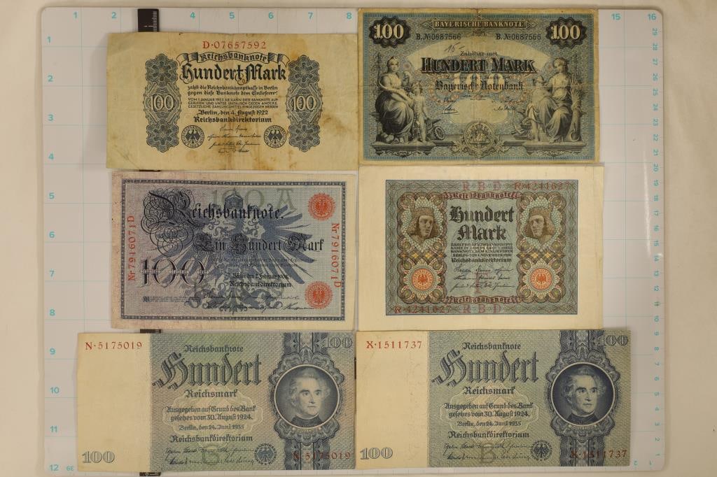 6 GERMAN 100 MARK BILLS: 1900, 1908, 1920, 1922 & (1 of 2)