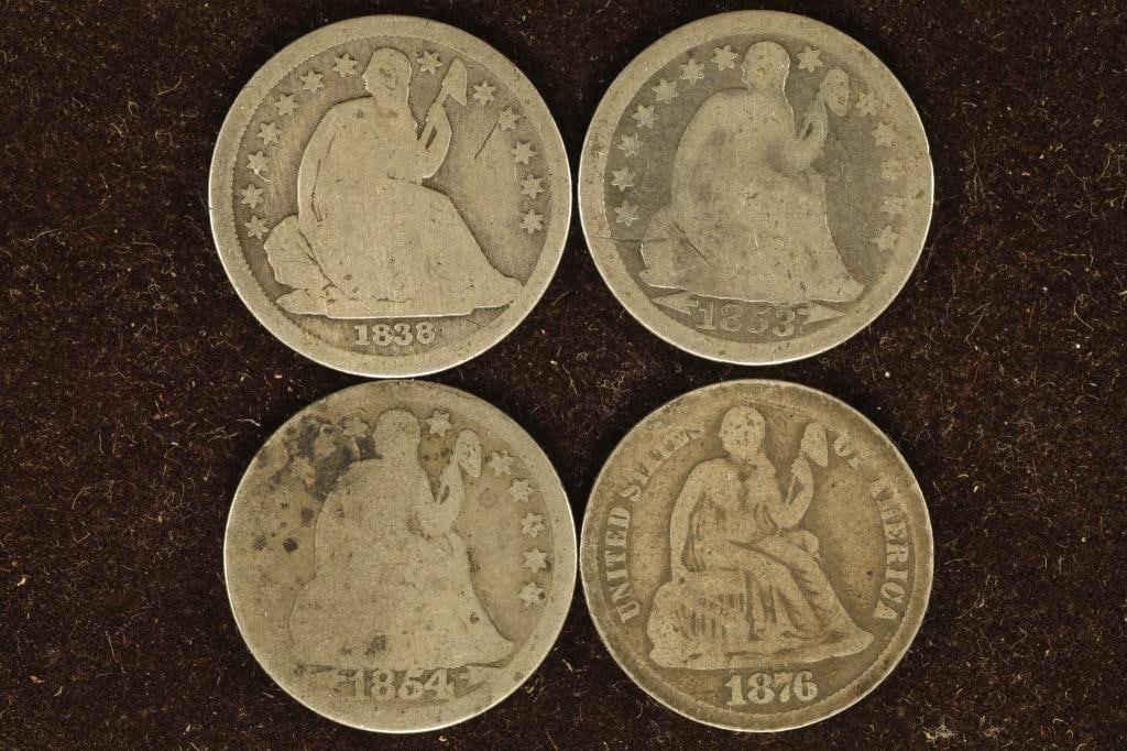 1838, 53, 54 & 1876 SILVER SEATED LIBERTY DIMES (1 of 2)