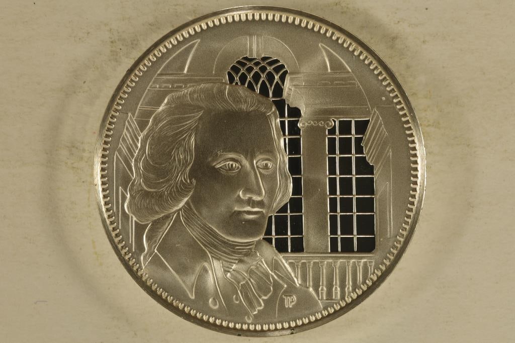 1.02 TROY OZ. PROOF STERLING SILVER ROUND OFFICIAL: MEDAL OF THE BICENTENNIAL COUNCIL OF THE 13 ORIGINAL STATES, PART OF THE DECLARTION SIGNERS SERIES "JAMES SMITH" IRON MASTER PENNSYLVANIA IN HARD PLASTIC CAPSULE