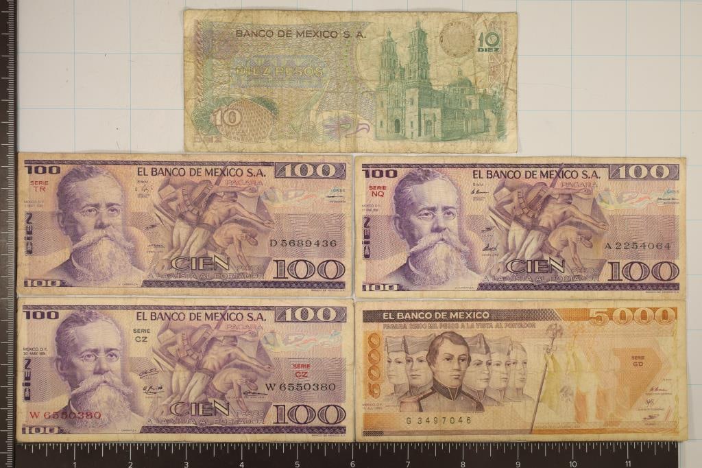 5-MEXICO BILLS: 1977 TEN PESO, 1974 ONE HUNDRED: PESO, 2-1981 ONE HUNDRED PESO AND 1985 FIVE THOUSAND PESO