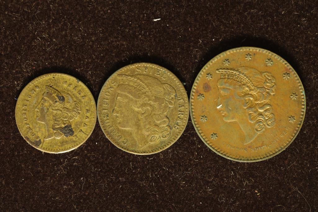 3-1800'S GERMAN SPIEL-MARKE TOKENS: USED TO TEACH: CHILDREN MATHMATICS OR SOMETIMES USED IN TIMES OF CURRENCY SHORTAGES MODELED AFTER US COINS AND BELIEVED TO BE PART AMERICAN AND PART GERMAN