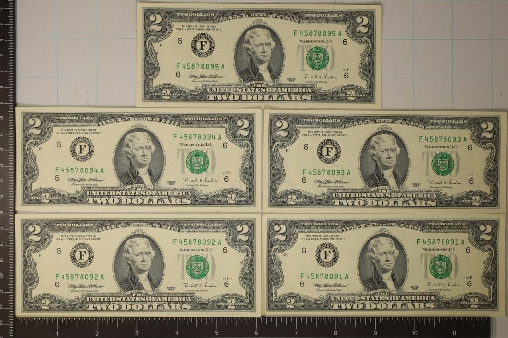 5-1995 US $2 FRN'S GREEN SEALS CRISP UNC (1 of 2)