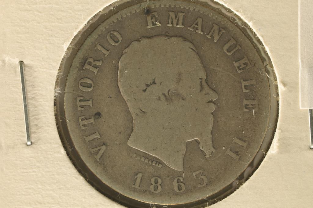 1863 SILVER ITALY 1 LIRE .1235 OZ. ASW: WATCH FOR OUR NEXT AUCTION ON MONDAY SEPT. 2ND, 2024 AT 7 PM EDT