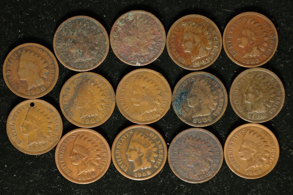 14 ASSORTED INDIAN HEAD CENTS: 1900-1908, ONE (1 of 2)