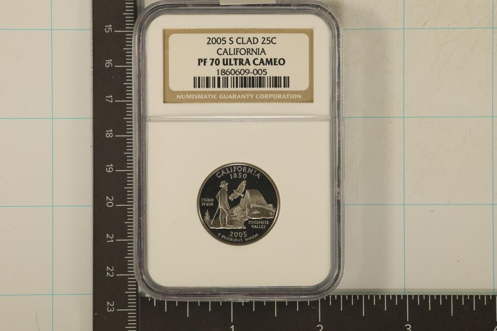 2005-S CLAD CALIFORNIA QUARTER NGC PF70 ULTRA CAM: WATCH FOR OUR NEXT AUCTION ON MONDAY SEPT. 2ND, 2024 AT 7 PM EDT