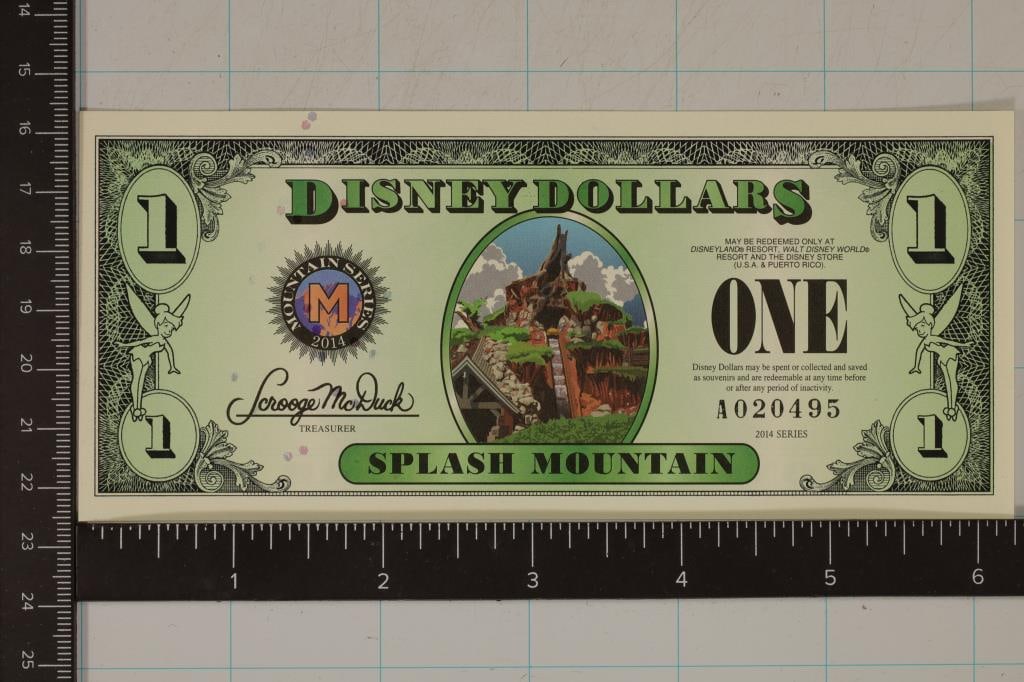 2014 ONE DISNEY DOLLAR CRISP UNC COLORIZED BILL: SPLASH MOUNTAIN