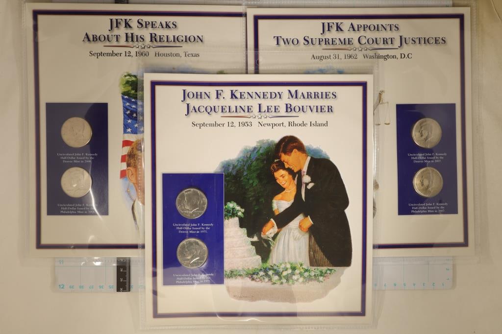 1971-P & D 2007-P & D AND 2008-P & D UNC JFK: HALF DOLLARS ON INFO CARDS WITH UNCANCELLED STAMPS IN PLASTIC SLEEVES