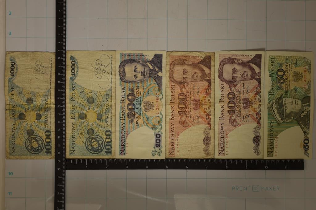 6-POLISH BILLS: 1988-50 ZLOTYCH CU, 1988-100: ZLOTYCH CRISP, 1988-100 ZLOTYCH, 1988-200 ZLOTYCH CRISP AND 2-1982 1000 ZLOTYCH