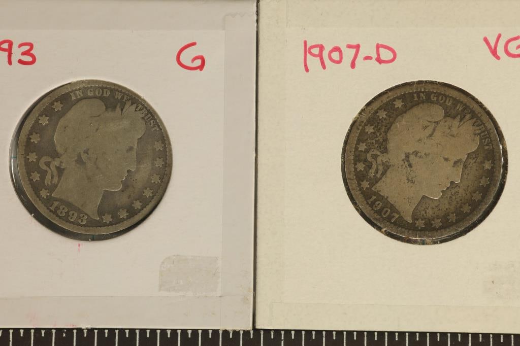 1893 & 1907-D SILVER BARBER QUARTERS (1 of 2)