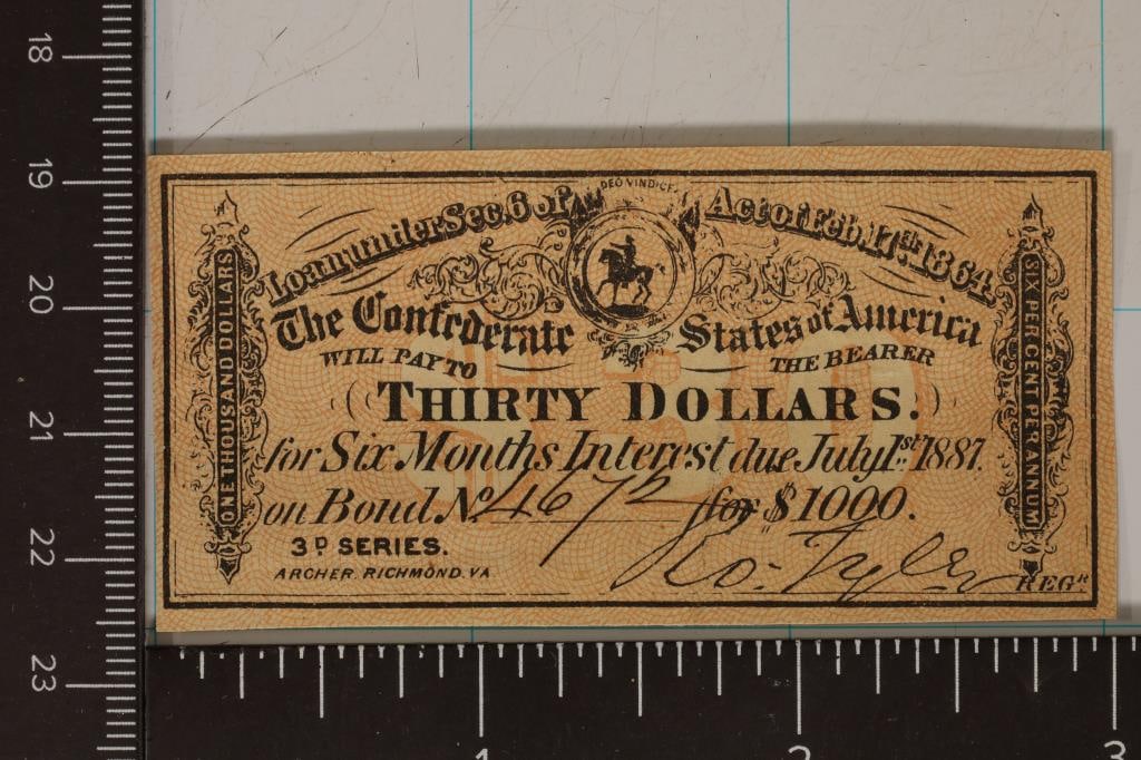 ACT OF 1864 CONFEDERATE STATES OF AMERICA BOND: COUPON FOR $30 OF A $1000 BOND, CRISP UNC