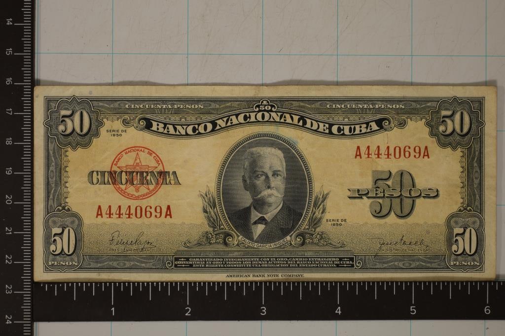 1950 CUBA 50 PESOS BILL WITH CALIXTO GARCIA: INIGUEZ, EXTRA FINE+
