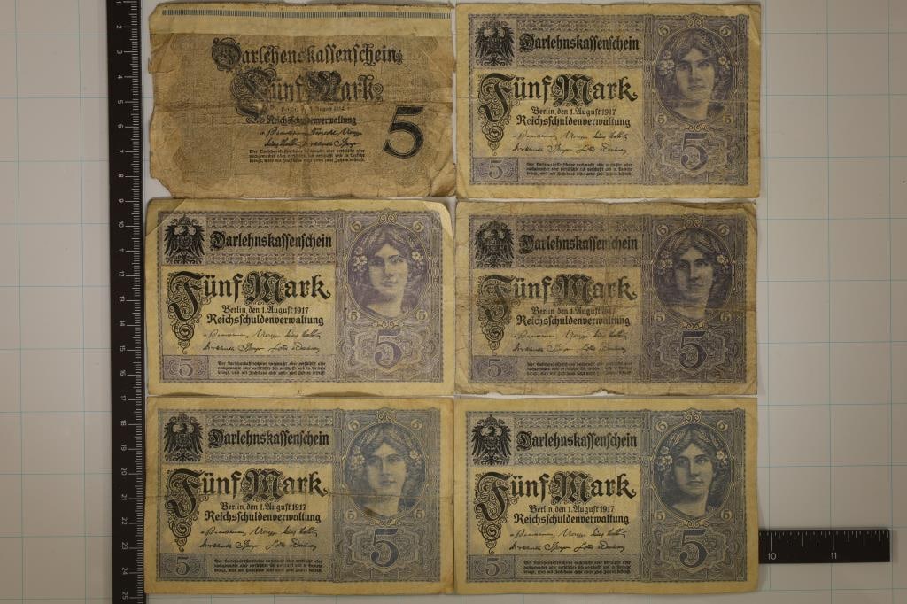 6-GERMAN BILLS: 5-1917 FIVE MARKS & 1-1914 FIVE: MARKS
