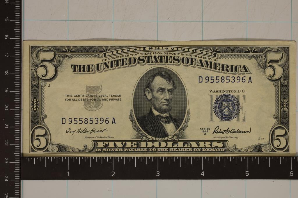 1953-A $5 SILVER CERTIFICATE CRISP UNC BLUE SEAL (1 of 2)