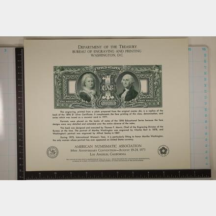 ANA LOS ANGELES, CA 1975 SOUVENIR CARD FEATURING: THE REVERSE OF AN 1896 US $1 SILVER CERT. PRINTED BY THE BUREAU OF ENGRAVING AND PRINTING.