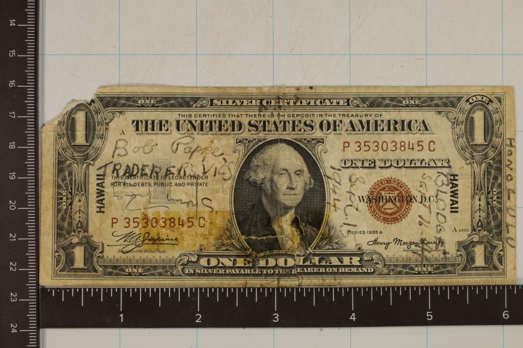 1935-A US $1 HAWAIIAN OVERPRINT SHORT SNORTER: MISSING TOP LEFT CORNER, NEAT PIECE OF HISTORY, RIPPED WITH TAPE ALSO ON OBVERSE
