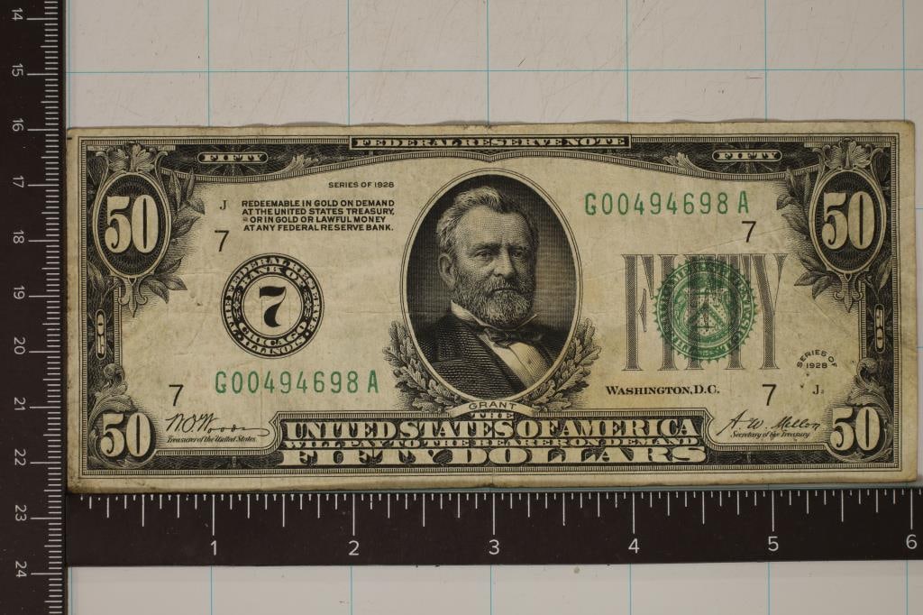 1928 US $50 REDEEBABLE IN GOLD FEDERAL RESERVE: NOTE WITH STAPLE HOLES