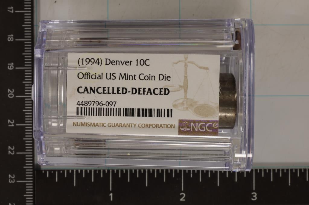 1994 DENVER 10 CENT CANCELLED DIE. NGC CANCELLED: DEFACED OFFICIAL US MINT COIN DIE