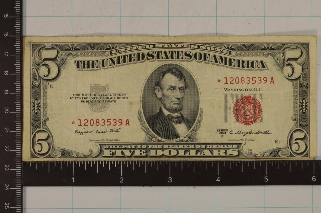 1953-B US $5 RED SEAL STAR NOTE MINOR MIS CUT ON (1 of 2)