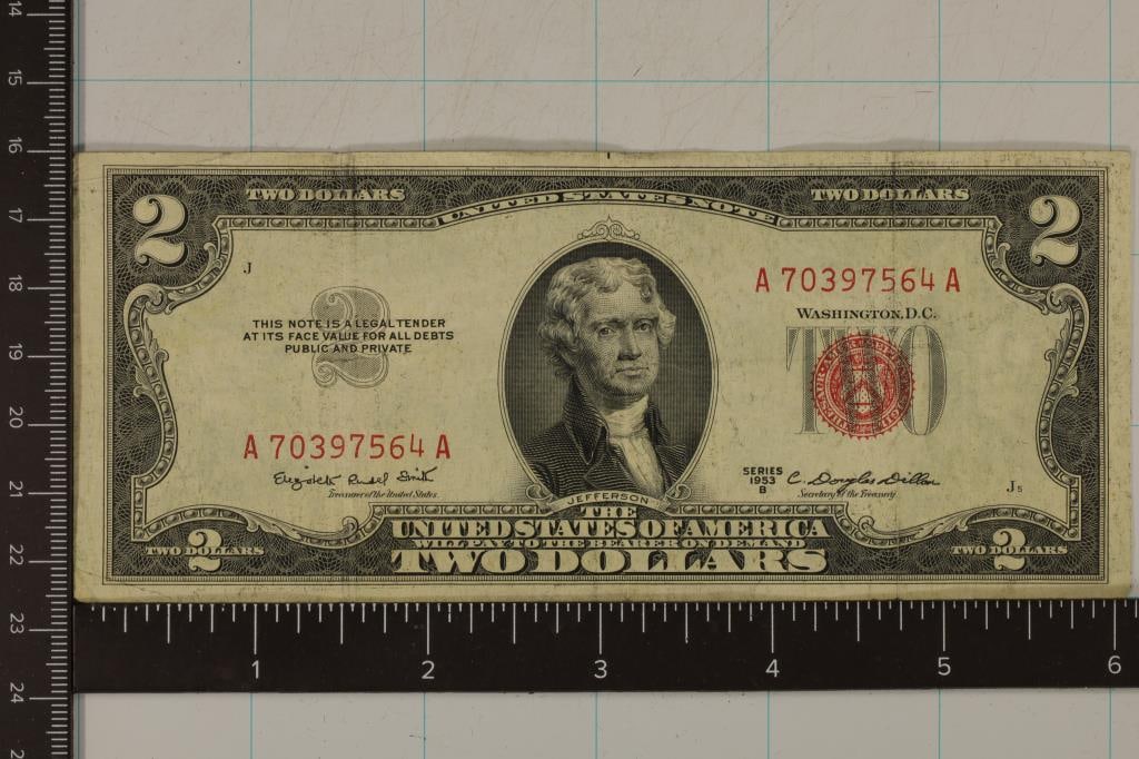 1953-B US $2 RED SEAL NOTE "A" BLOCK "A" SUFFIX" (1 of 2)