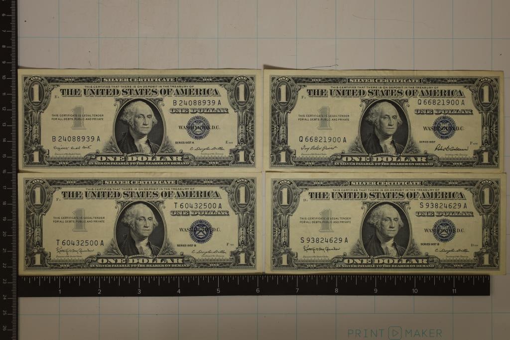 4-CRISP  EF/UNC US $1 SILVER CERTIFICATES: 1957, (1 of 2)