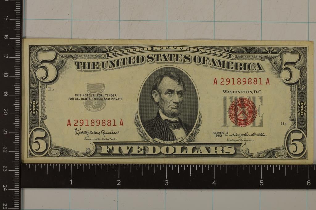 1963 US $5 RED SEAL BILL CRISP AU (1 of 2)
