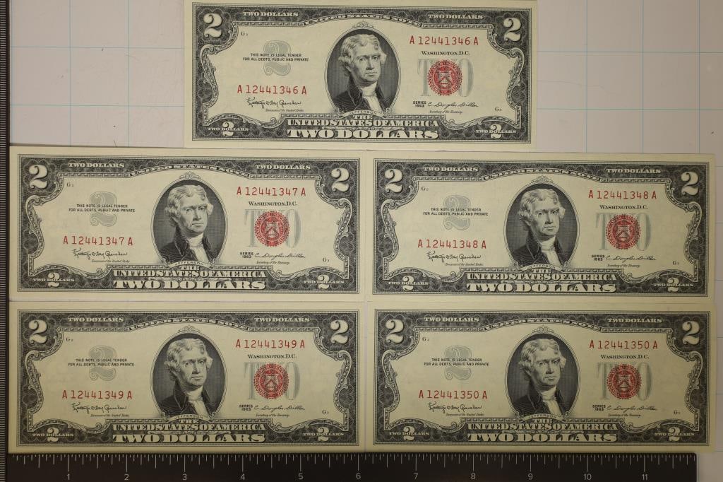 5-CU 1963 US $2 BILLS WITH CONSECUTIVE SERIAL #'S (1 of 2)