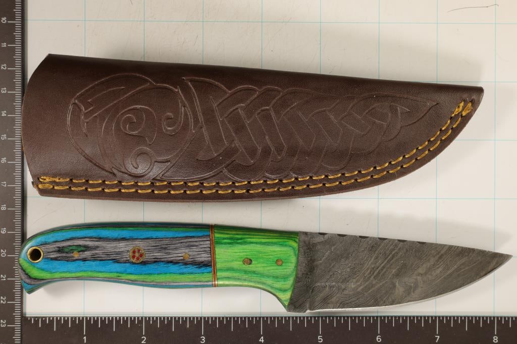 8" DAMASCUS STEEL KNIFE WITH SHEATH BRAND NEW: NICE KNIFE FOR GIFTS OR JUST GET ONE FOR YOURSELF. IT IS A HARD STEEL THAT MAINTAINS A SHARP EDGE.