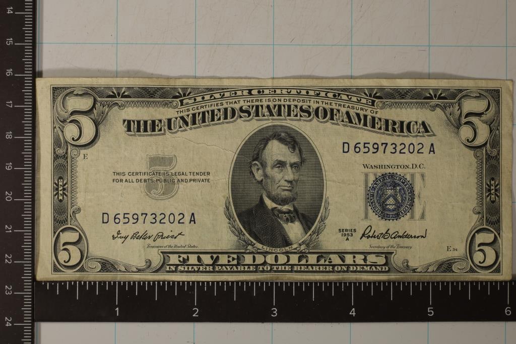 1953-A US $5 SILVER CERTIFICATE BLUE SEAL: CHECK OUT OCEANSIDEENGRAVING.COM FOR CUSTOM MADE LASER CUT PRODUCTS AND ENGRAVINGS. THANK YOU FOR CHECKING IT OUT.