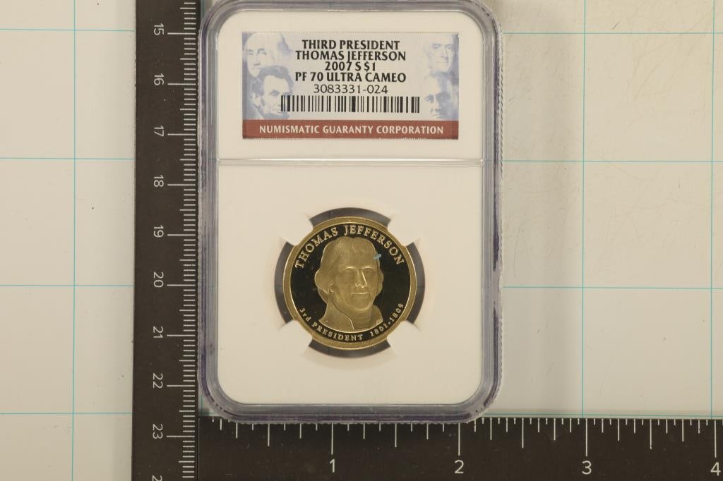 2007-S THOMAS JEFFERSON PRESIDENTIAL DOLLAR NGC: PF70 ULTRA CAMEO, 3RD PRESIDENT