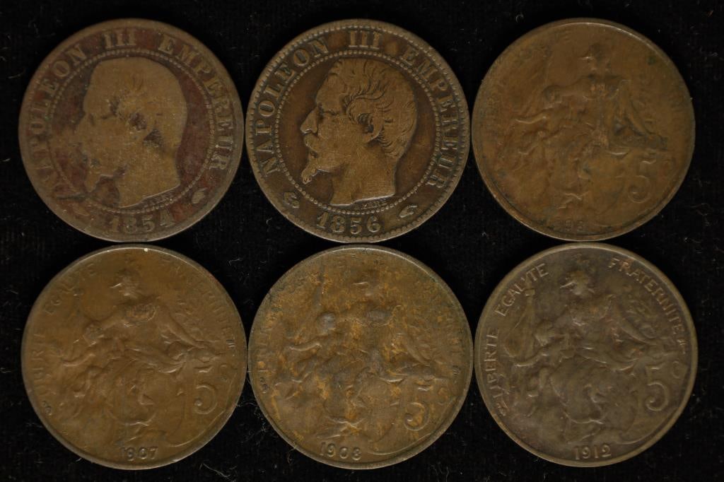 6-FRANCE 5 CENTIMES: 1854, 1856, 1898, 1907, 1908& (1 of 2)