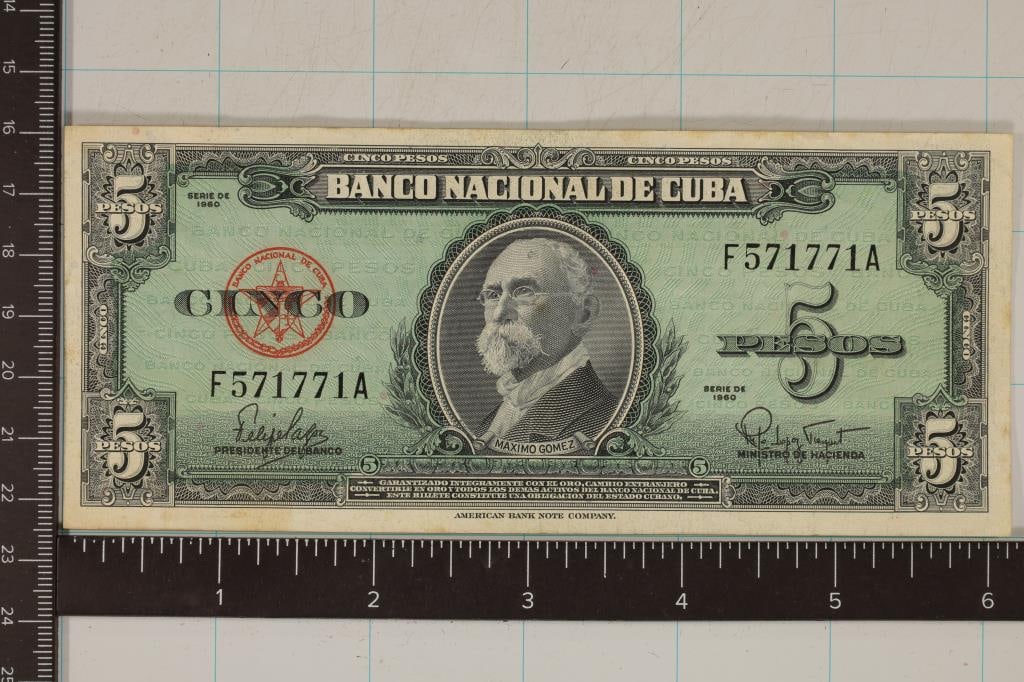 1960 CUBA 5 PESO BILL WITH MAXIMO GOMEZ ON IT: CRISP WITH SOME MINOR STAINS