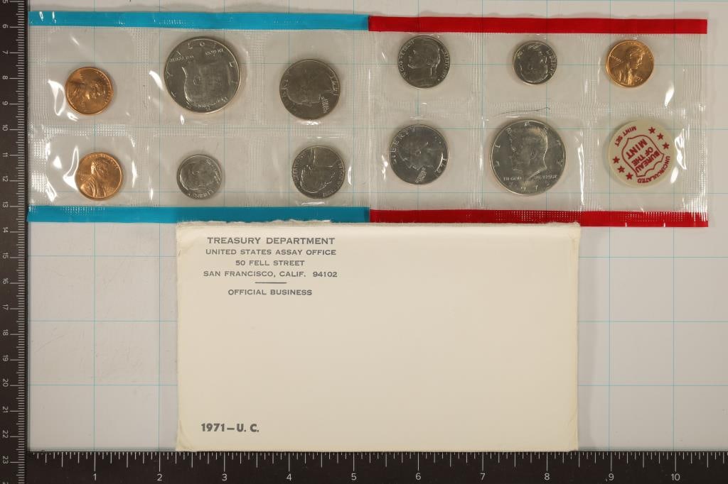 1971 US MINT SET (UNC) P/D/S (WITH ENVELOPE): THIS IS AN OFFICIAL US PACKAGED P/D/S SET, IT DOES NOT CONTAIN A SEPARATE PACK OF "S" ONLY COINS