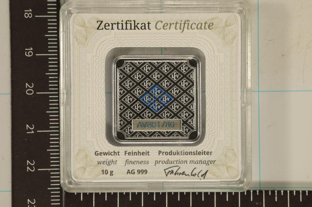 10 GRAMS .999 FINE SILVER GEIGER ORIGINAL SQUARE: INGOT IN HARD PLASTIC CAPSULE WITH CERTIFICATE, COLORIZED WITH SERIAL NUMBER