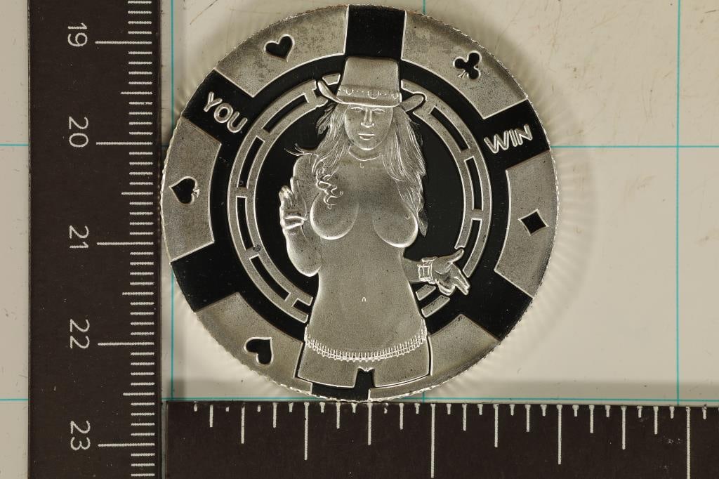 1 TROY OZ .999 FINE SILVER PF ADULT THEMED ROUND: WOMAN ON OBVERSE WEARING A HAT AND POKER CHIP DESIGN COLORIZED ON REVERSE, BRAND NEW IN HARD PLASTIC CAPSULE AND BAG
