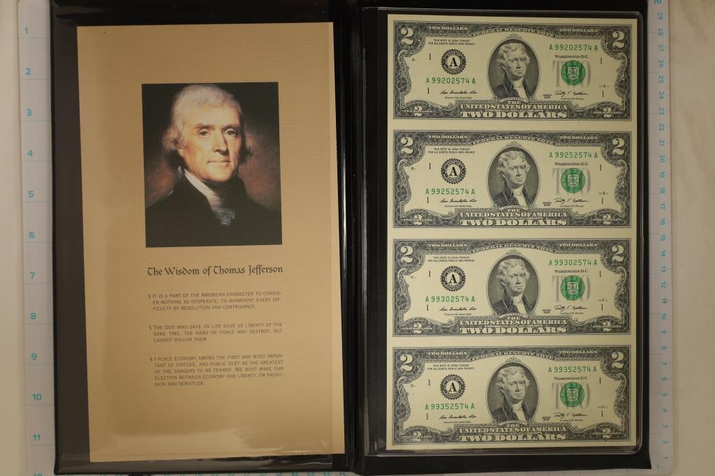 UNCUT SHEET OF 4-US 2009 $2 FRN'S CRISP UNC IN: BLACK FOLIO