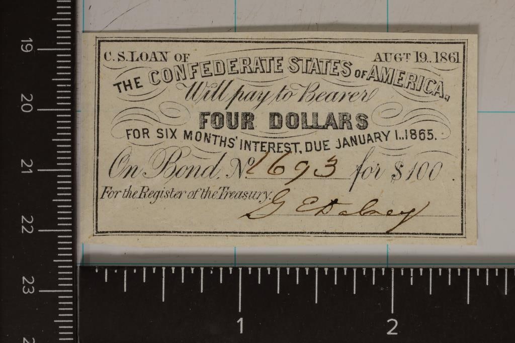 1861 CONFEDERATE STATES OF AMERICA $4 BOND (1 of 2)